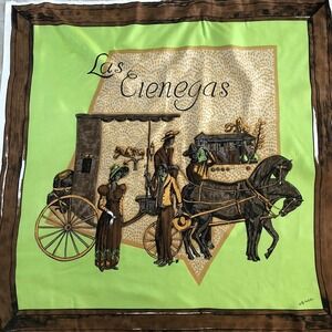 HOLLY HOELSCHER Silk Scarf Las Cienegas Horse Carriage Green Brown Square 36”
